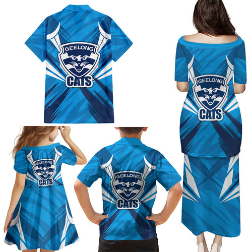 Geelong Cats Australian Football Family Matching Puletasi and Hawaiian Shirt Fierce Wildcat Mascot - Bold Team Colors