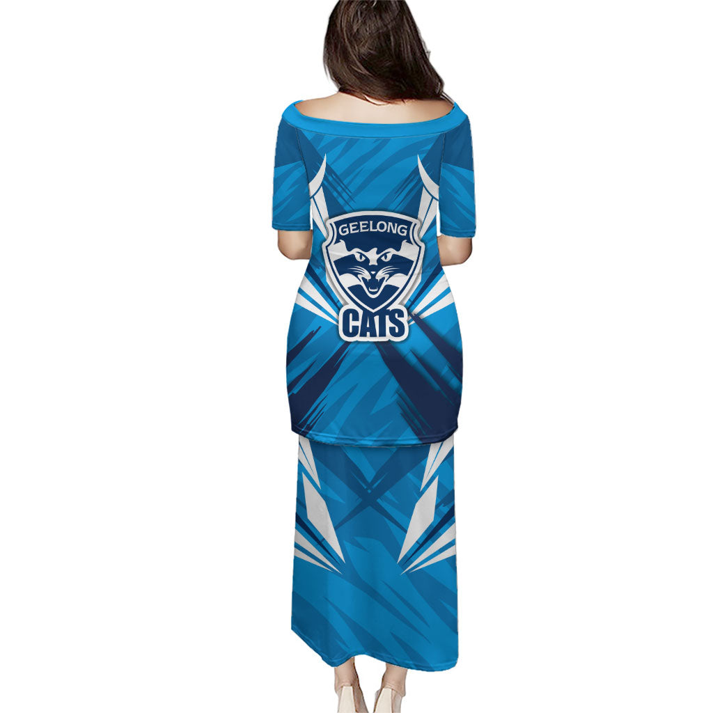 Geelong Cats Australian Football Family Matching Puletasi and Hawaiian Shirt Fierce Wildcat Mascot - Bold Team Colors