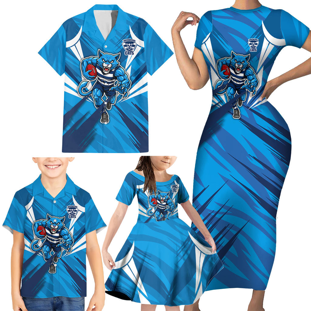 Geelong Cats Australian Football Family Matching Short Sleeve Bodycon Dress and Hawaiian Shirt Fierce Wildcat Mascot - Bold Team Colors