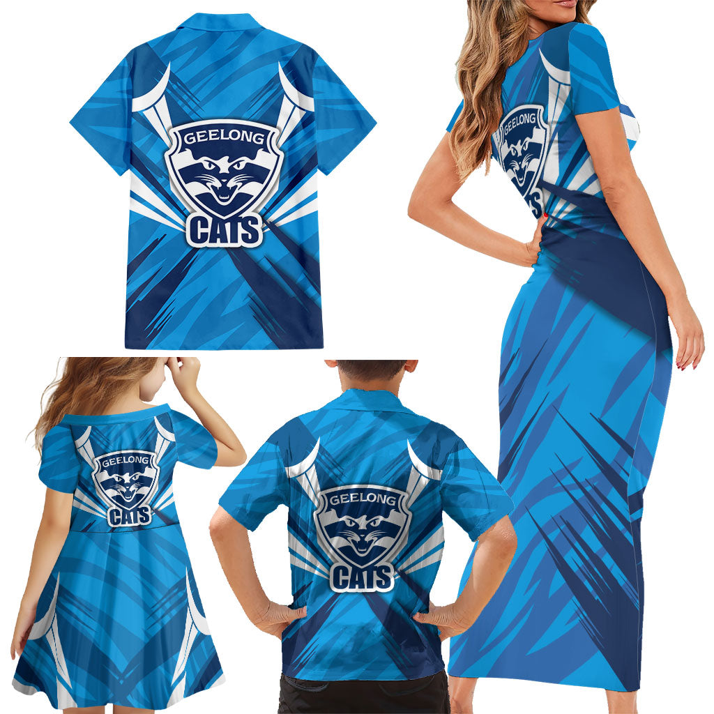 Geelong Cats Australian Football Family Matching Short Sleeve Bodycon Dress and Hawaiian Shirt Fierce Wildcat Mascot - Bold Team Colors
