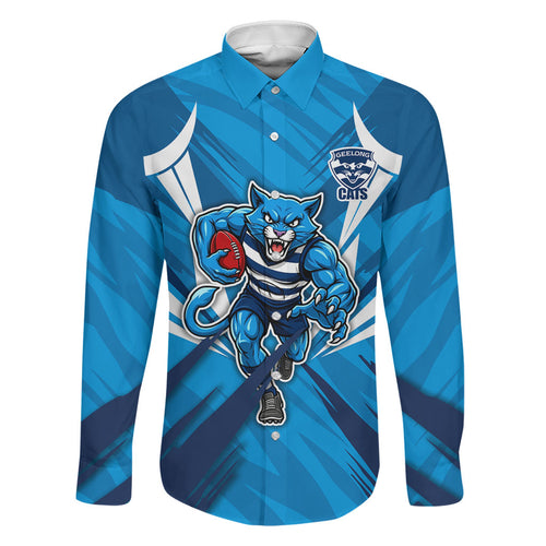 Geelong Cats Australian Football Family Matching Short Sleeve Bodycon Dress and Hawaiian Shirt Fierce Wildcat Mascot - Bold Team Colors