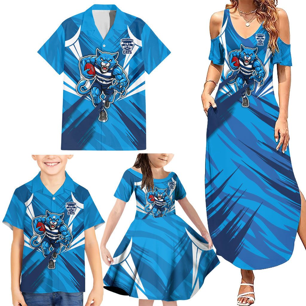 Geelong Cats Australian Football Family Matching Summer Maxi Dress and Hawaiian Shirt Fierce Wildcat Mascot - Bold Team Colors