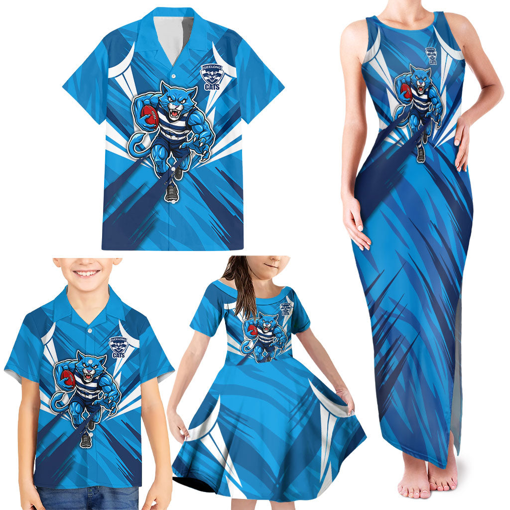 Geelong Cats Australian Football Family Matching Tank Maxi Dress and Hawaiian Shirt Fierce Wildcat Mascot - Bold Team Colors