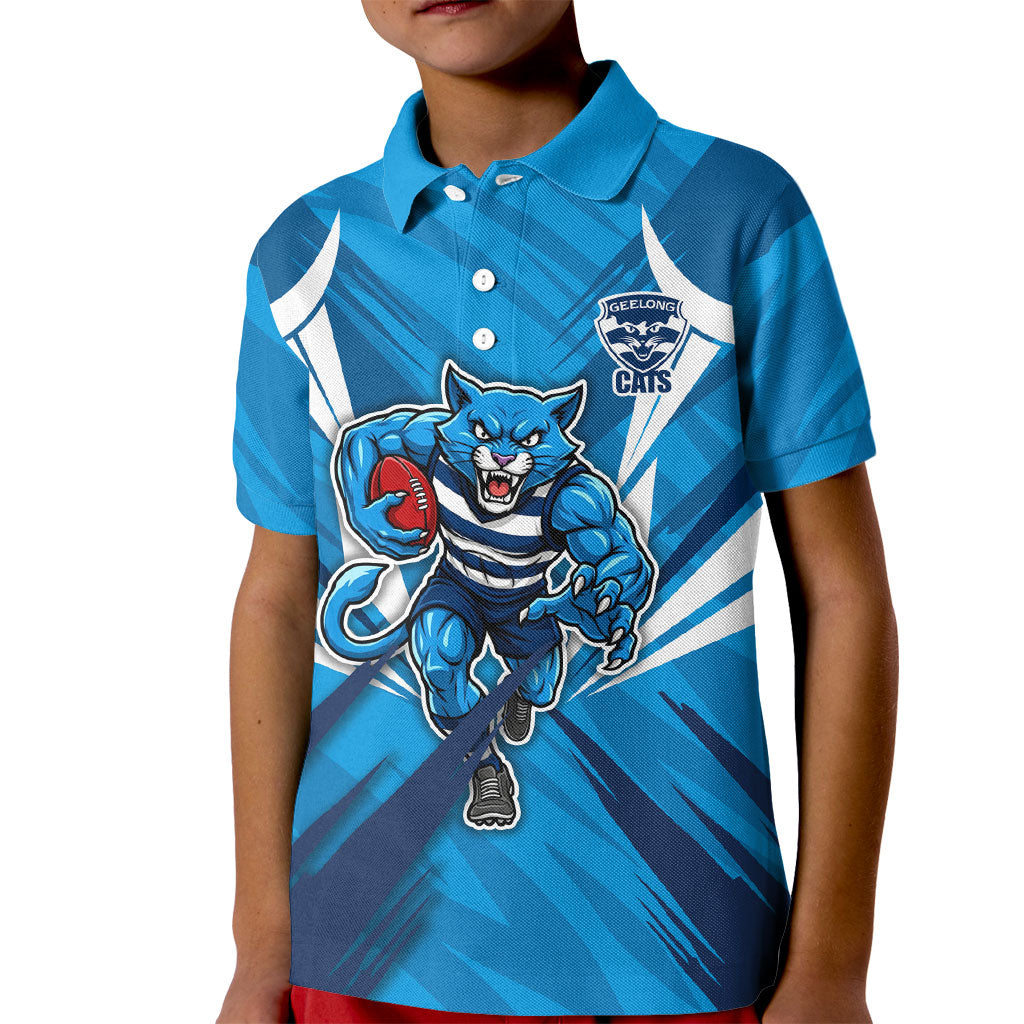 Geelong Cats Australian Football Kid Polo Shirt Fierce Wildcat Mascot - Bold Team Colors
