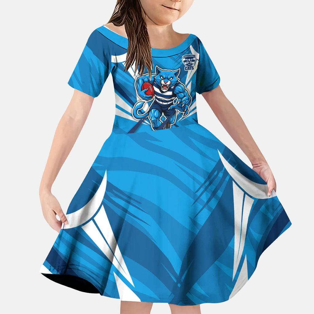 Geelong Cats Australian Football Kid Short Sleeve Dress Fierce Wildcat Mascot - Bold Team Colors