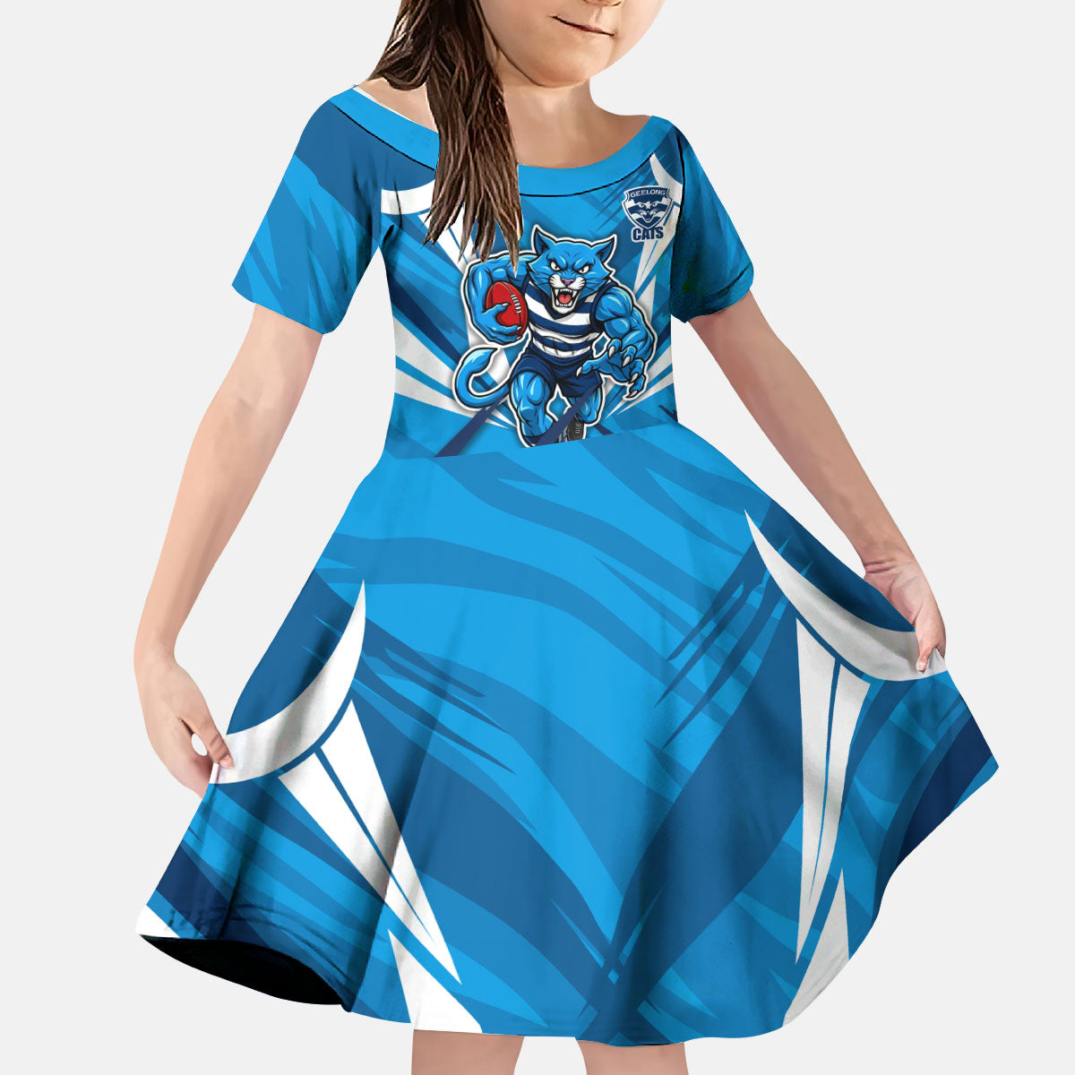 Geelong Cats Australian Football Kid Short Sleeve Dress Fierce Wildcat Mascot - Bold Team Colors