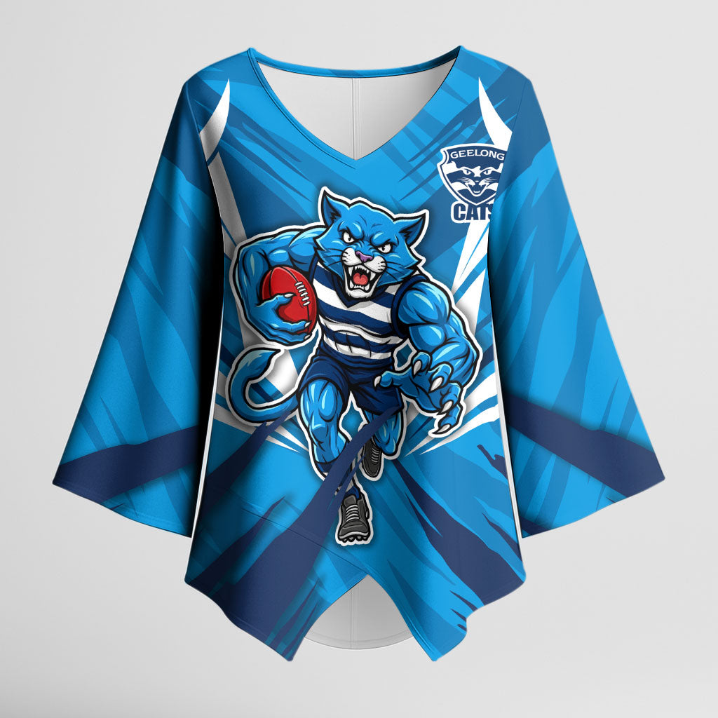 Geelong Cats Australian Football Kimono Sleeve Blouse Fierce Wildcat Mascot - Bold Team Colors