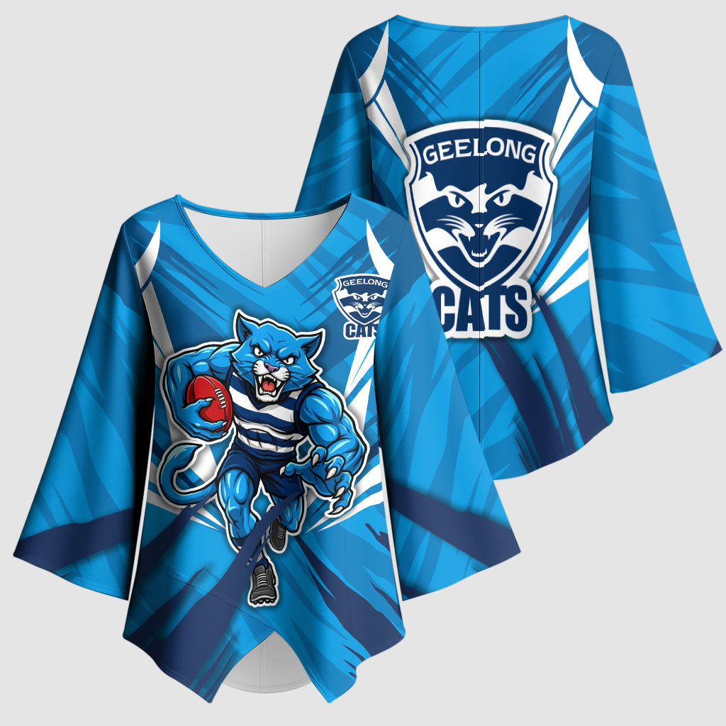 Geelong Cats Australian Football Kimono Sleeve Blouse Fierce Wildcat Mascot - Bold Team Colors