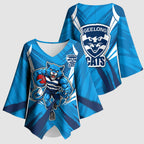 Geelong Cats Australian Football Kimono Sleeve Blouse Fierce Wildcat Mascot - Bold Team Colors