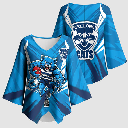 Geelong Cats Australian Football Kimono Sleeve Blouse Fierce Wildcat Mascot - Bold Team Colors