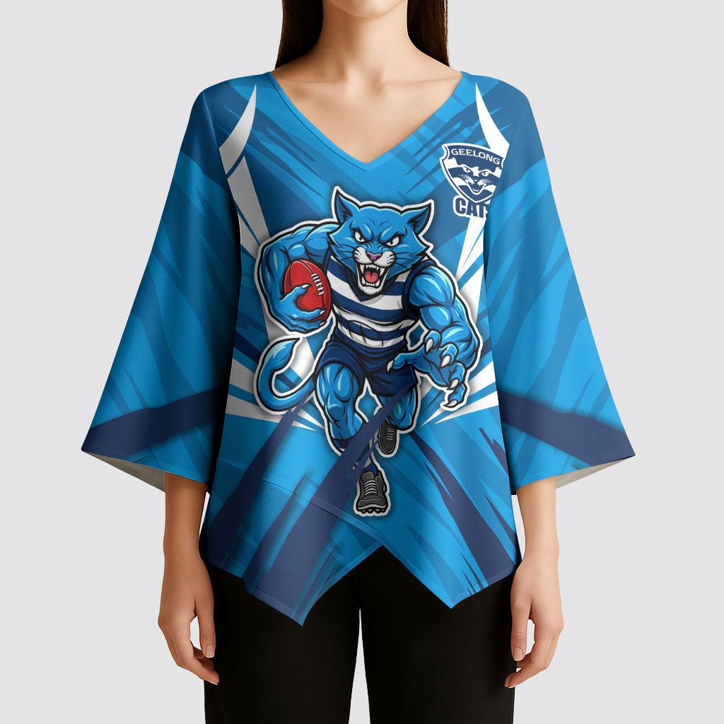 Geelong Cats Australian Football Kimono Sleeve Blouse Fierce Wildcat Mascot - Bold Team Colors