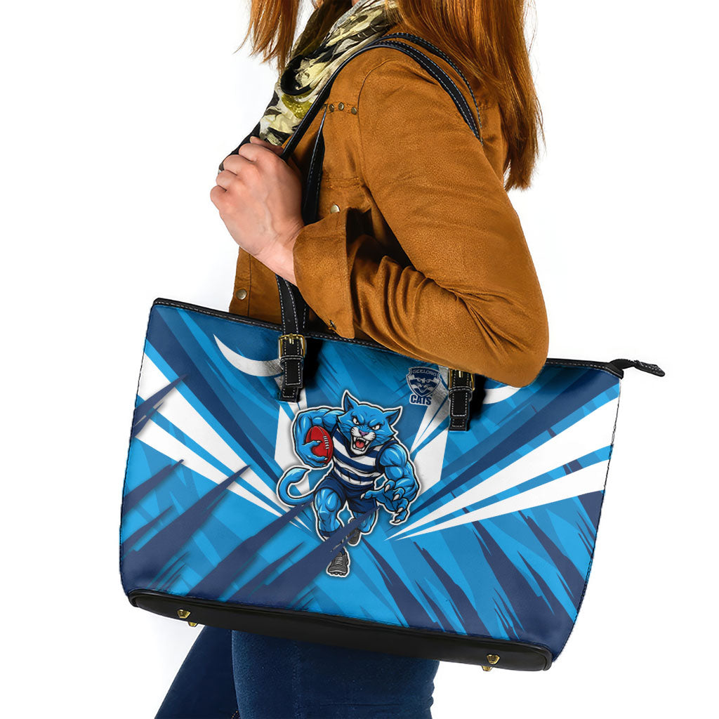 Geelong Cats Australian Football Leather Tote Bag Fierce Wildcat Mascot - Bold Team Colors