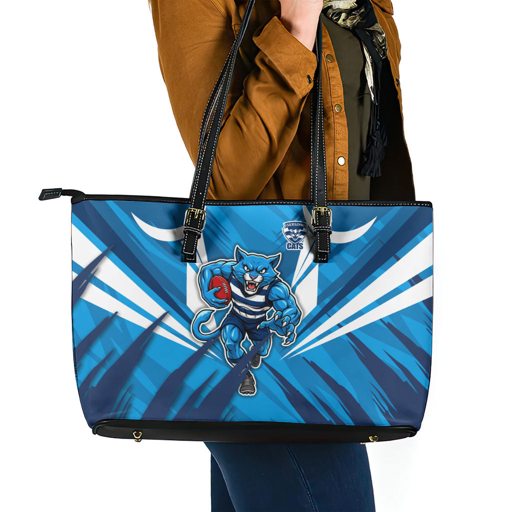 Geelong Cats Australian Football Leather Tote Bag Fierce Wildcat Mascot - Bold Team Colors