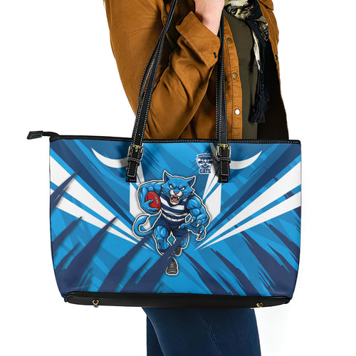 Geelong Cats Australian Football Leather Tote Bag Fierce Wildcat Mascot - Bold Team Colors