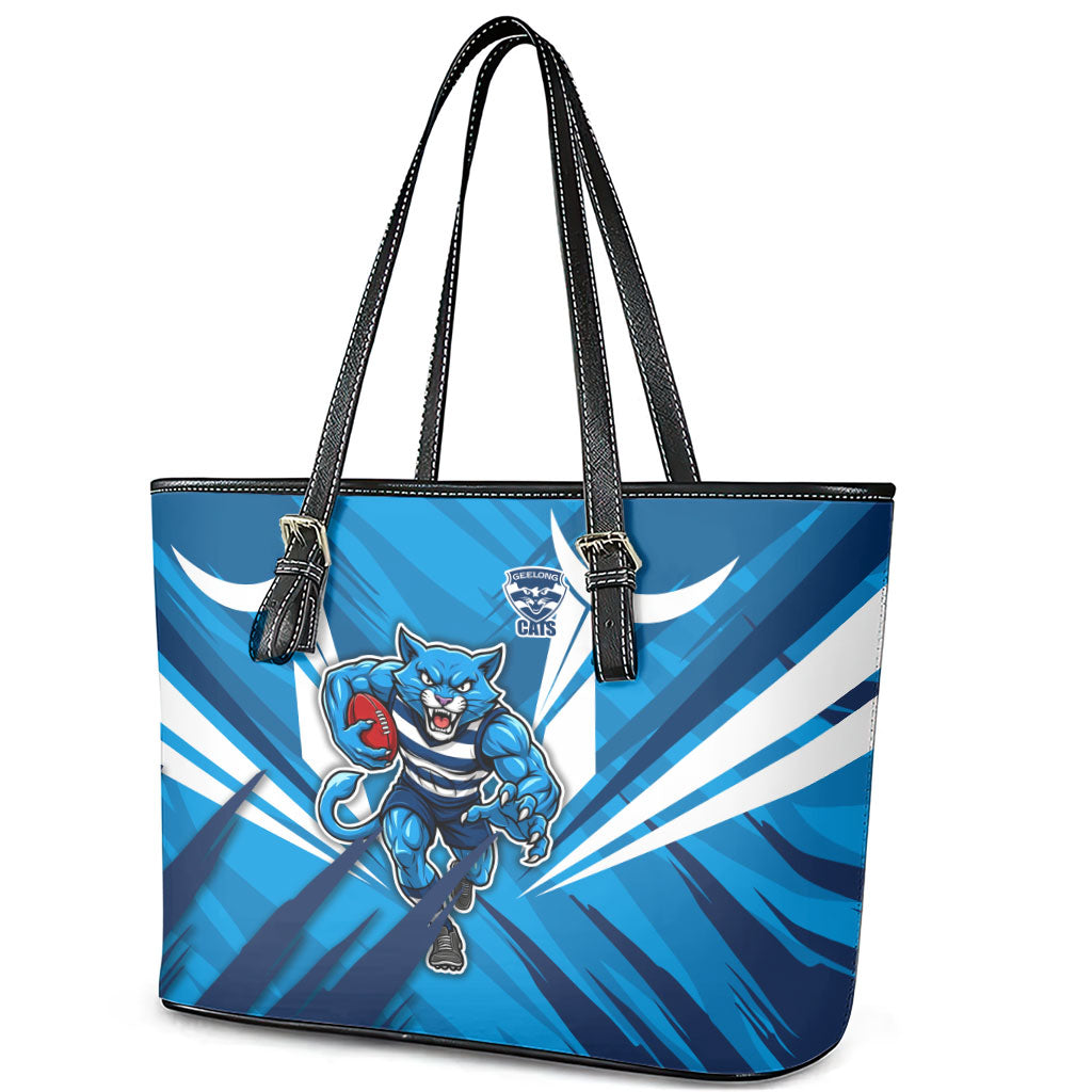 Geelong Cats Australian Football Leather Tote Bag Fierce Wildcat Mascot - Bold Team Colors