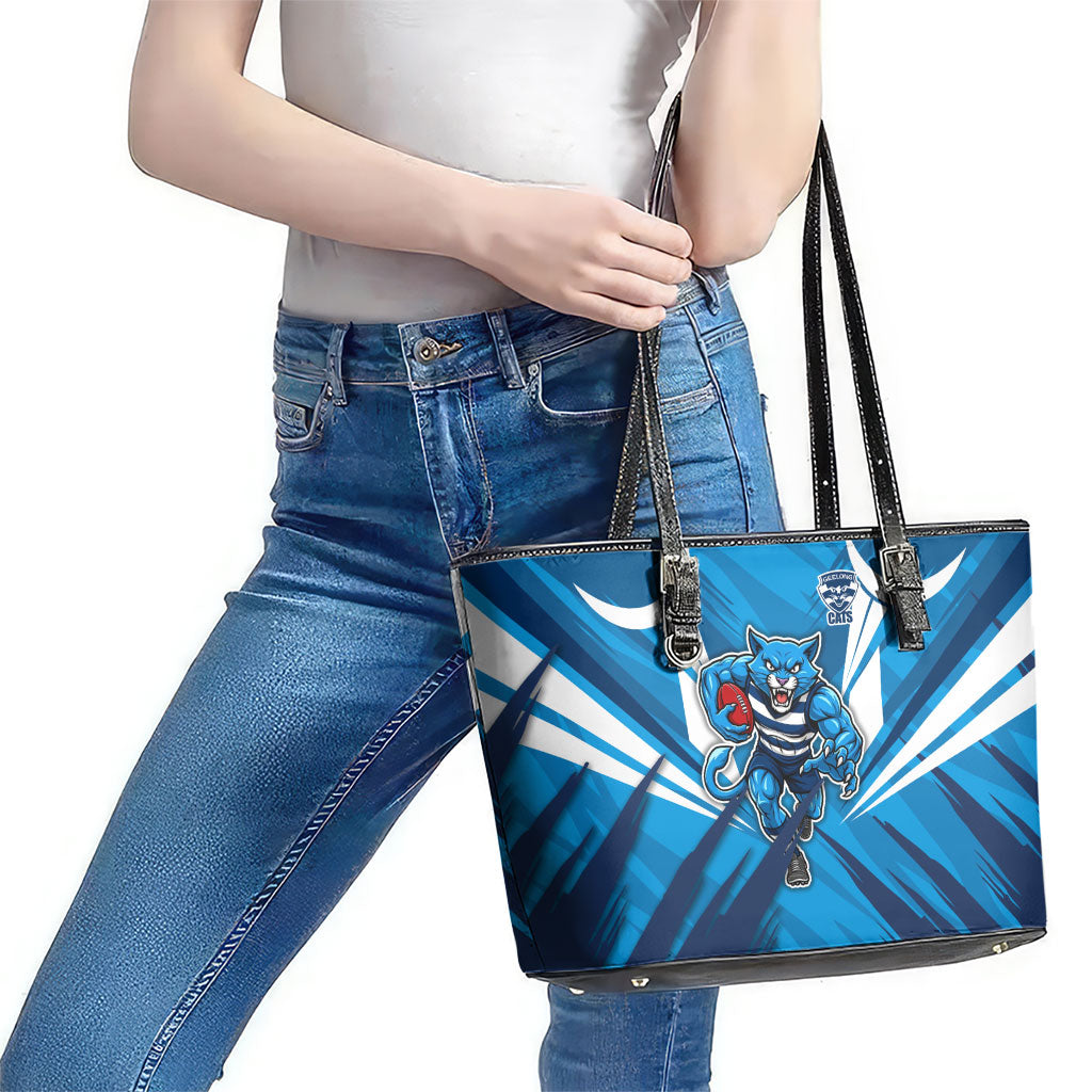 Geelong Cats Australian Football Leather Tote Bag Fierce Wildcat Mascot - Bold Team Colors