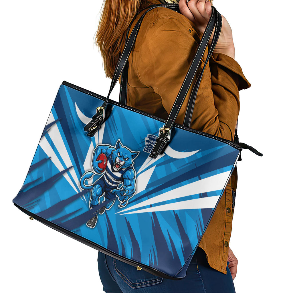 Geelong Cats Australian Football Leather Tote Bag Fierce Wildcat Mascot - Bold Team Colors