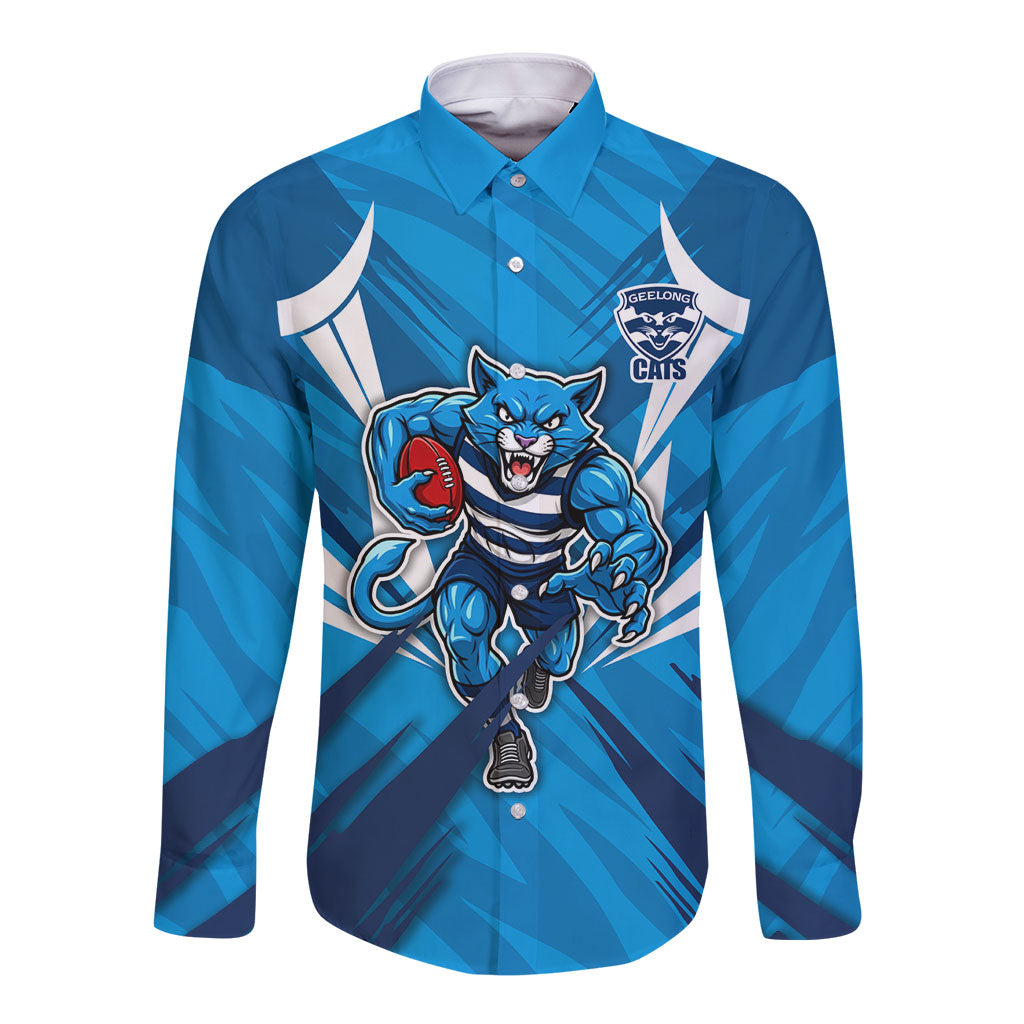 Geelong Cats Australian Football Long Sleeve Button Shirt Fierce Wildcat Mascot - Bold Team Colors