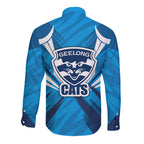 Geelong Cats Australian Football Long Sleeve Button Shirt Fierce Wildcat Mascot - Bold Team Colors