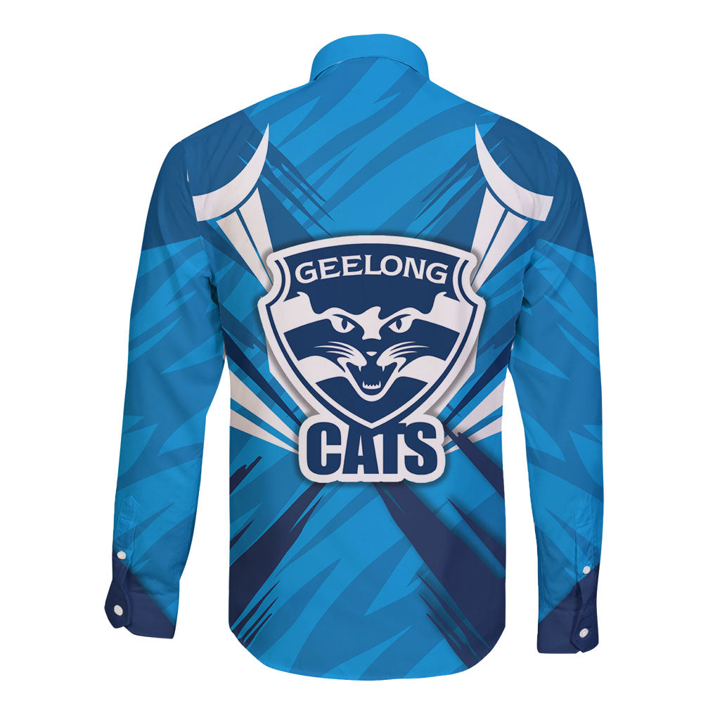 Geelong Cats Australian Football Long Sleeve Button Shirt Fierce Wildcat Mascot - Bold Team Colors