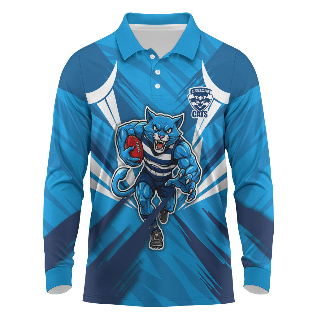 Geelong Cats Australian Football Long Sleeve Polo Shirt Fierce Wildcat Mascot - Bold Team Colors