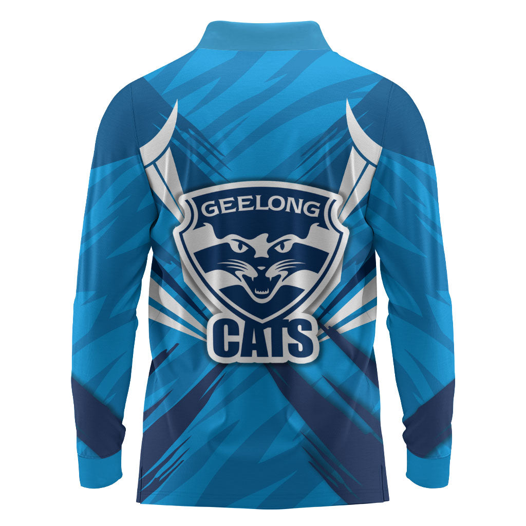 Geelong Cats Australian Football Long Sleeve Polo Shirt Fierce Wildcat Mascot - Bold Team Colors
