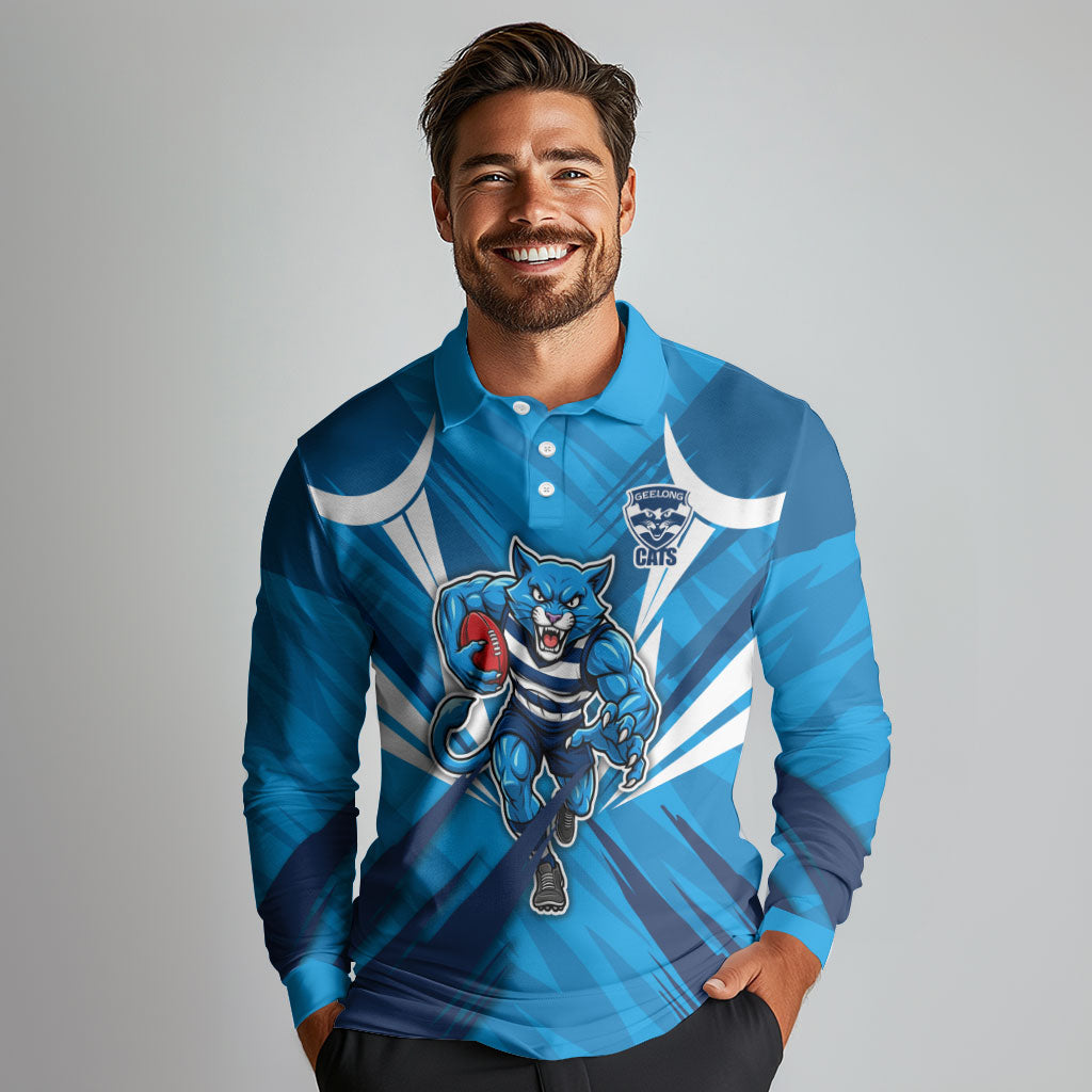 Geelong Cats Australian Football Long Sleeve Polo Shirt Fierce Wildcat Mascot - Bold Team Colors