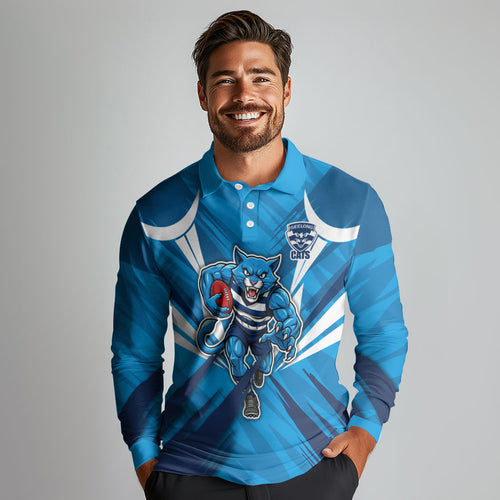 Geelong Cats Australian Football Long Sleeve Polo Shirt Fierce Wildcat Mascot - Bold Team Colors