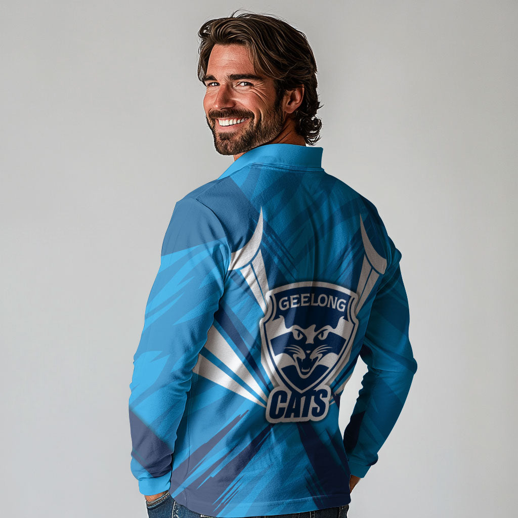 Geelong Cats Australian Football Long Sleeve Polo Shirt Fierce Wildcat Mascot - Bold Team Colors