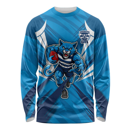 Geelong Cats Australian Football Long Sleeve Shirt Fierce Wildcat Mascot - Bold Team Colors