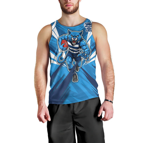 Geelong Cats Australian Football Men Tank Top Fierce Wildcat Mascot - Bold Team Colors