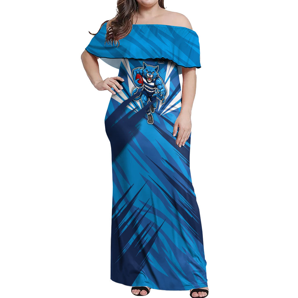 Geelong Cats Australian Football Off Shoulder Maxi Dress Fierce Wildcat Mascot - Bold Team Colors