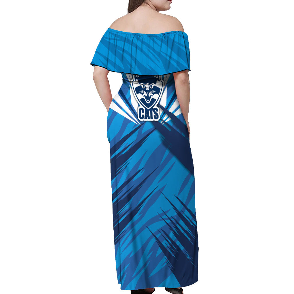 Geelong Cats Australian Football Off Shoulder Maxi Dress Fierce Wildcat Mascot - Bold Team Colors