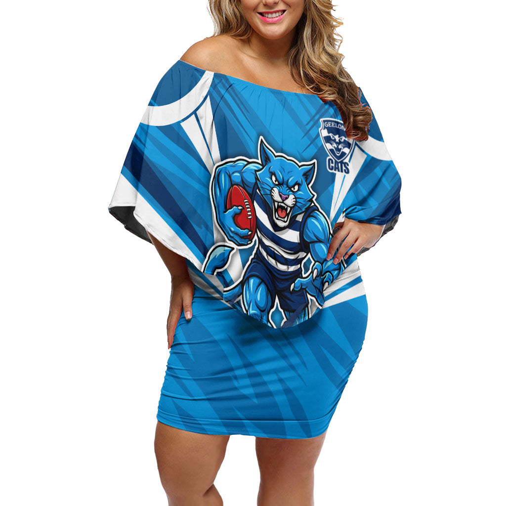 Geelong Cats Australian Football Off Shoulder Short Dress Fierce Wildcat Mascot - Bold Team Colors