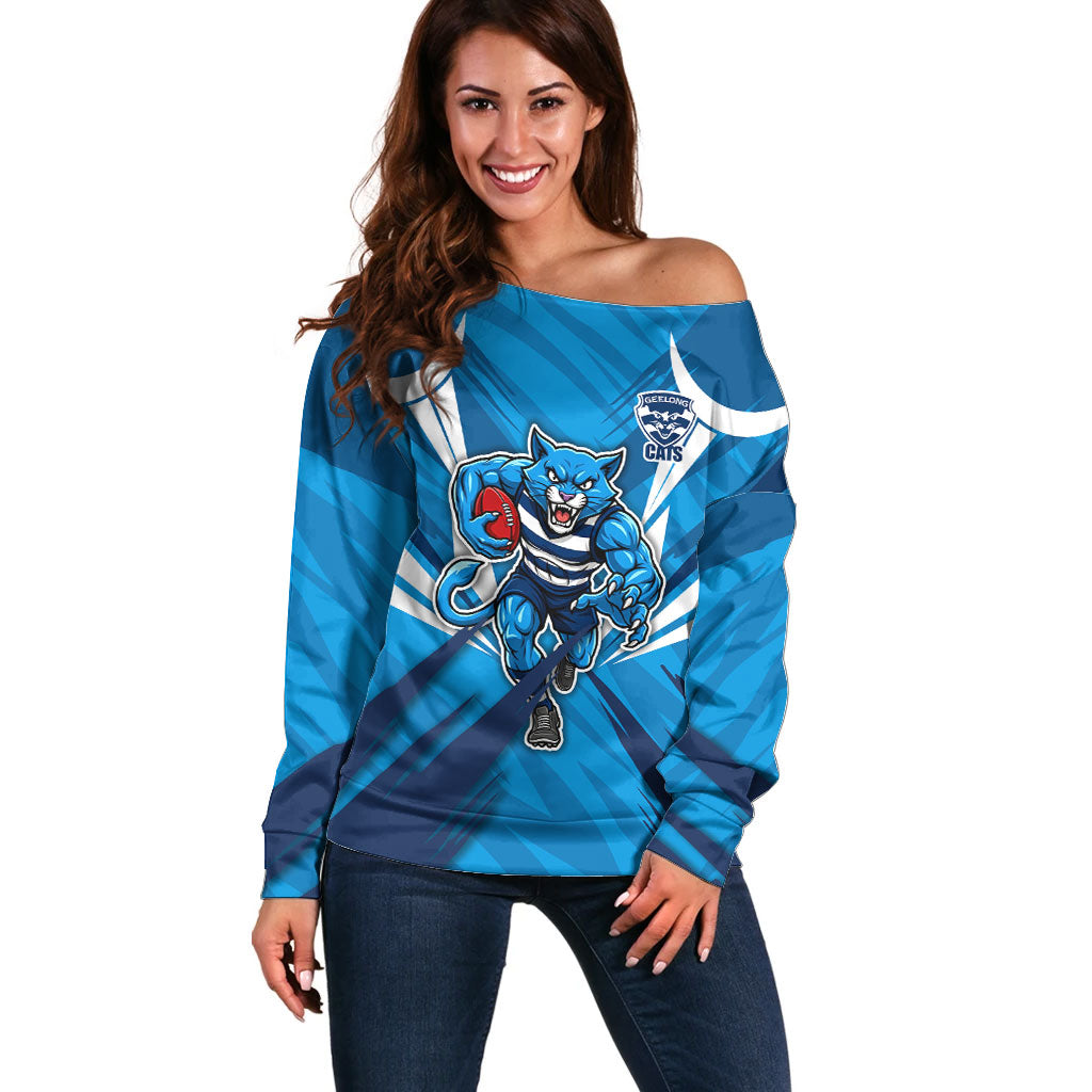 Geelong Cats Australian Football Off Shoulder Sweater Fierce Wildcat Mascot - Bold Team Colors