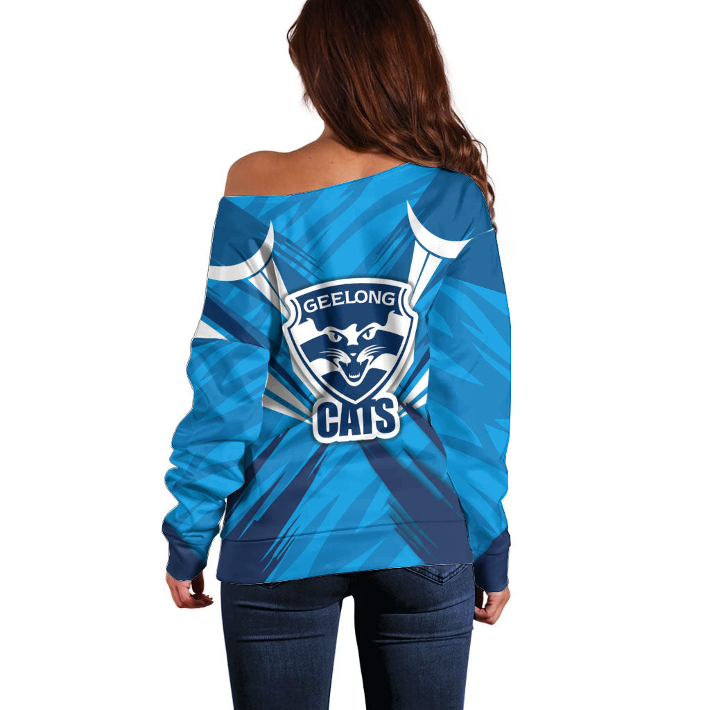 Geelong Cats Australian Football Off Shoulder Sweater Fierce Wildcat Mascot - Bold Team Colors