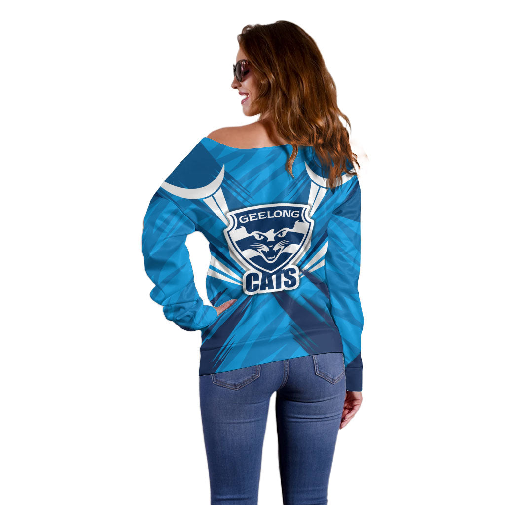 Geelong Cats Australian Football Off Shoulder Sweater Fierce Wildcat Mascot - Bold Team Colors