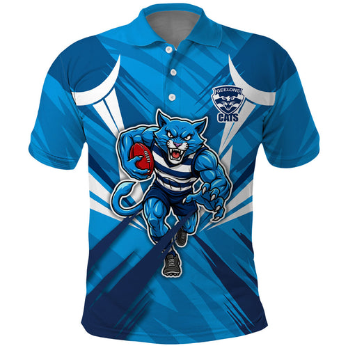 Geelong Cats Australian Football Polo Shirt Fierce Wildcat Mascot - Bold Team Colors
