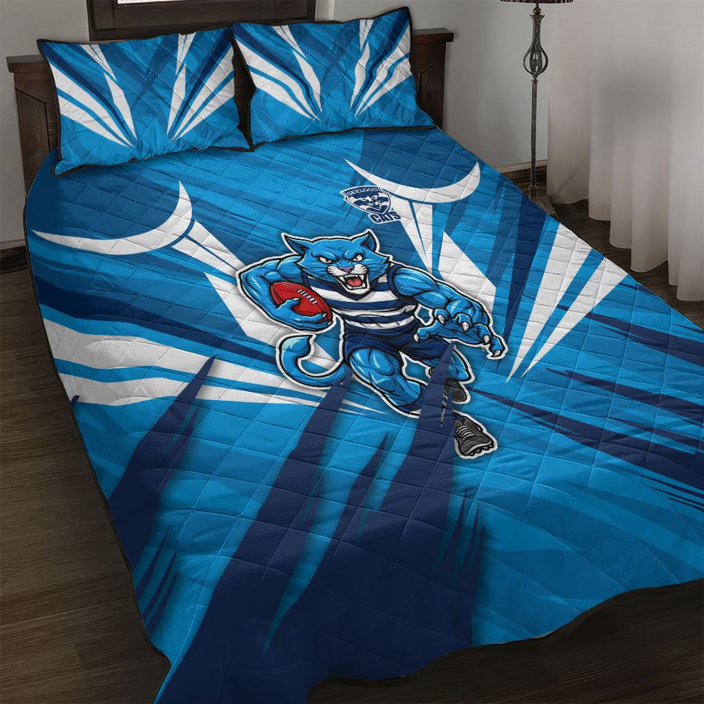 Geelong Cats Australian Football Quilt Bed Set Fierce Wildcat Mascot - Bold Team Colors