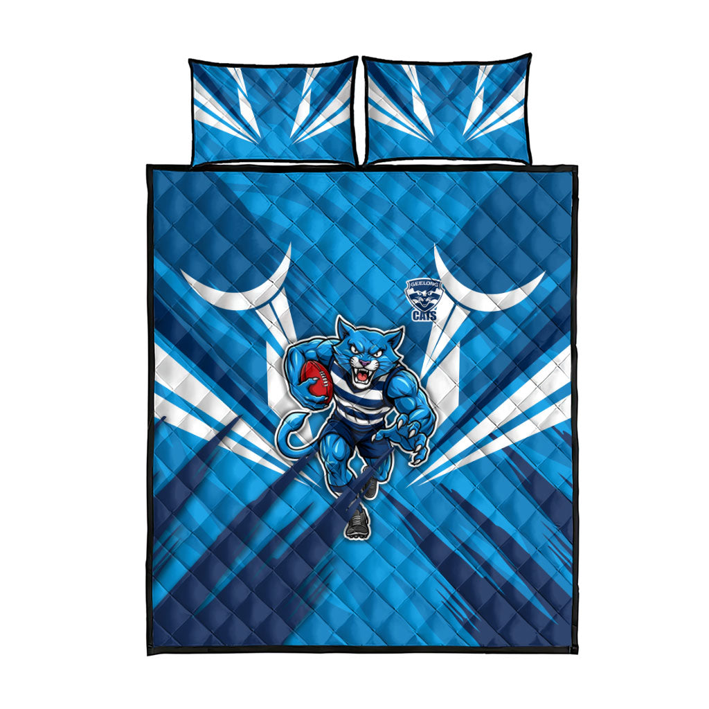 Geelong Cats Australian Football Quilt Bed Set Fierce Wildcat Mascot - Bold Team Colors