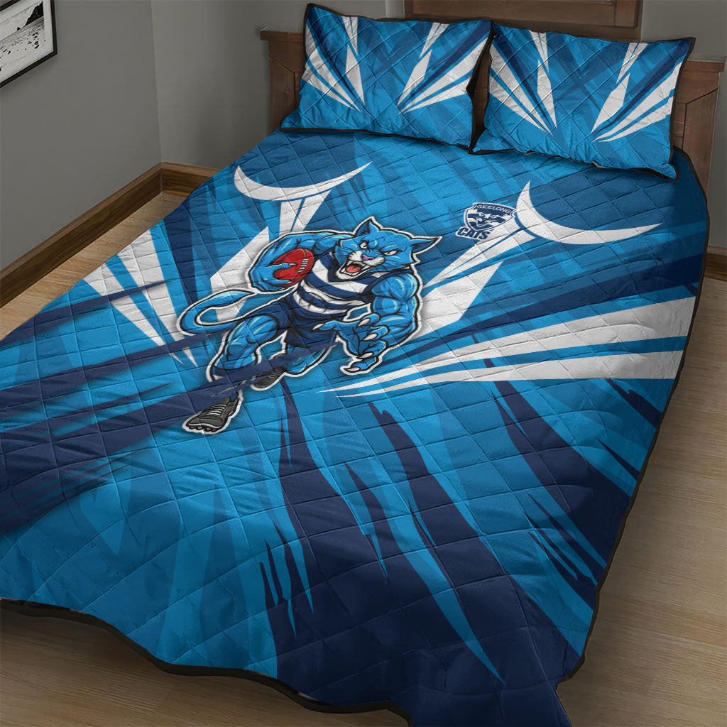 Geelong Cats Australian Football Quilt Bed Set Fierce Wildcat Mascot - Bold Team Colors