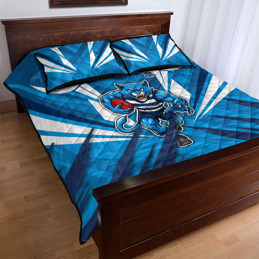 Geelong Cats Australian Football Quilt Bed Set Fierce Wildcat Mascot - Bold Team Colors