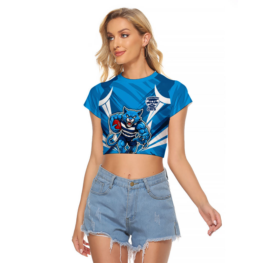 Geelong Cats Australian Football Raglan Cropped T Shirt Fierce Wildcat Mascot - Bold Team Colors