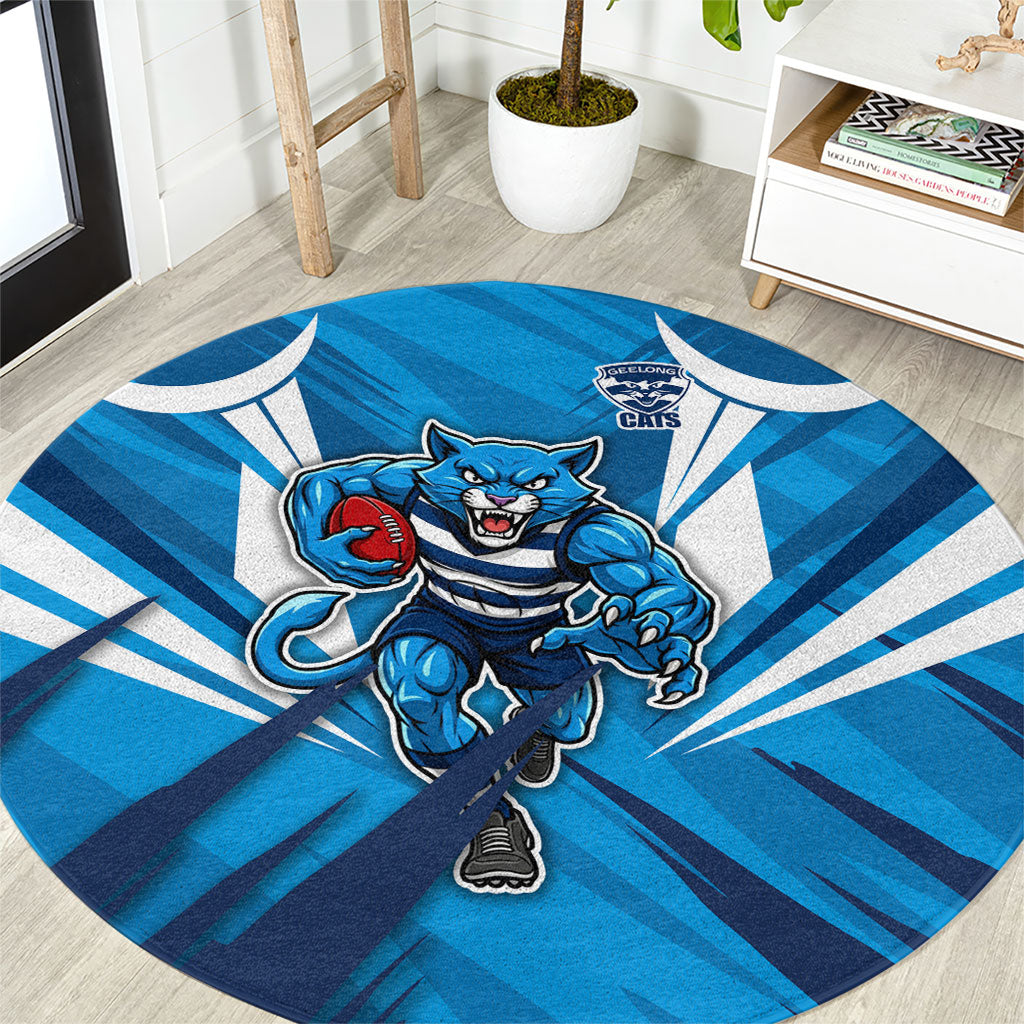 Geelong Cats Australian Football Round Carpet Fierce Wildcat Mascot - Bold Team Colors