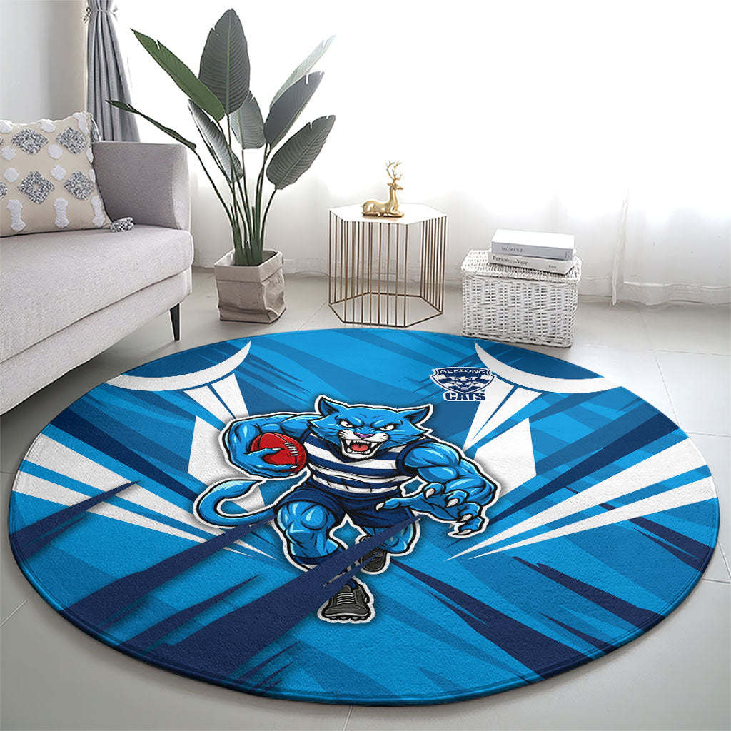 Geelong Cats Australian Football Round Carpet Fierce Wildcat Mascot - Bold Team Colors