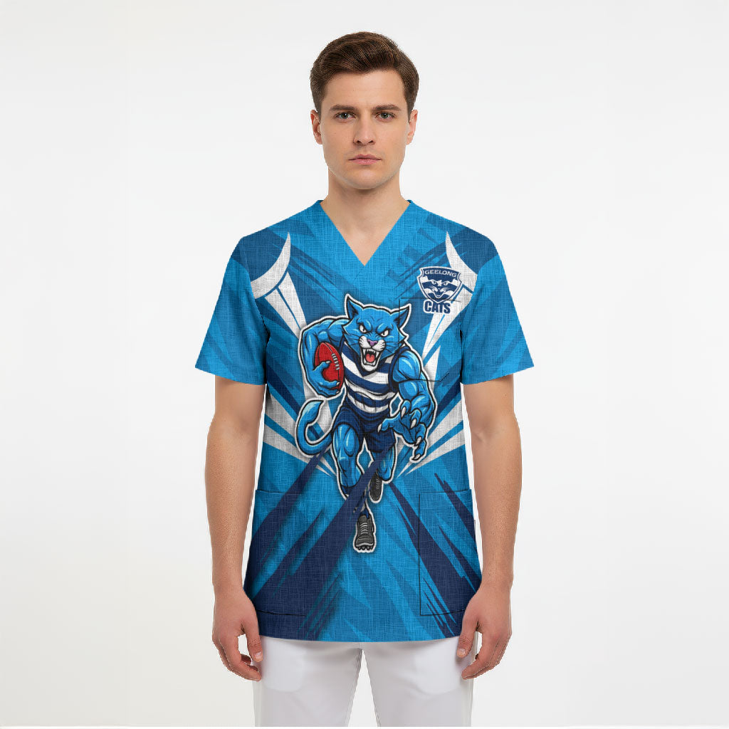 Geelong Cats Australian Football Scrub Top Fierce Wildcat Mascot - Bold Team Colors