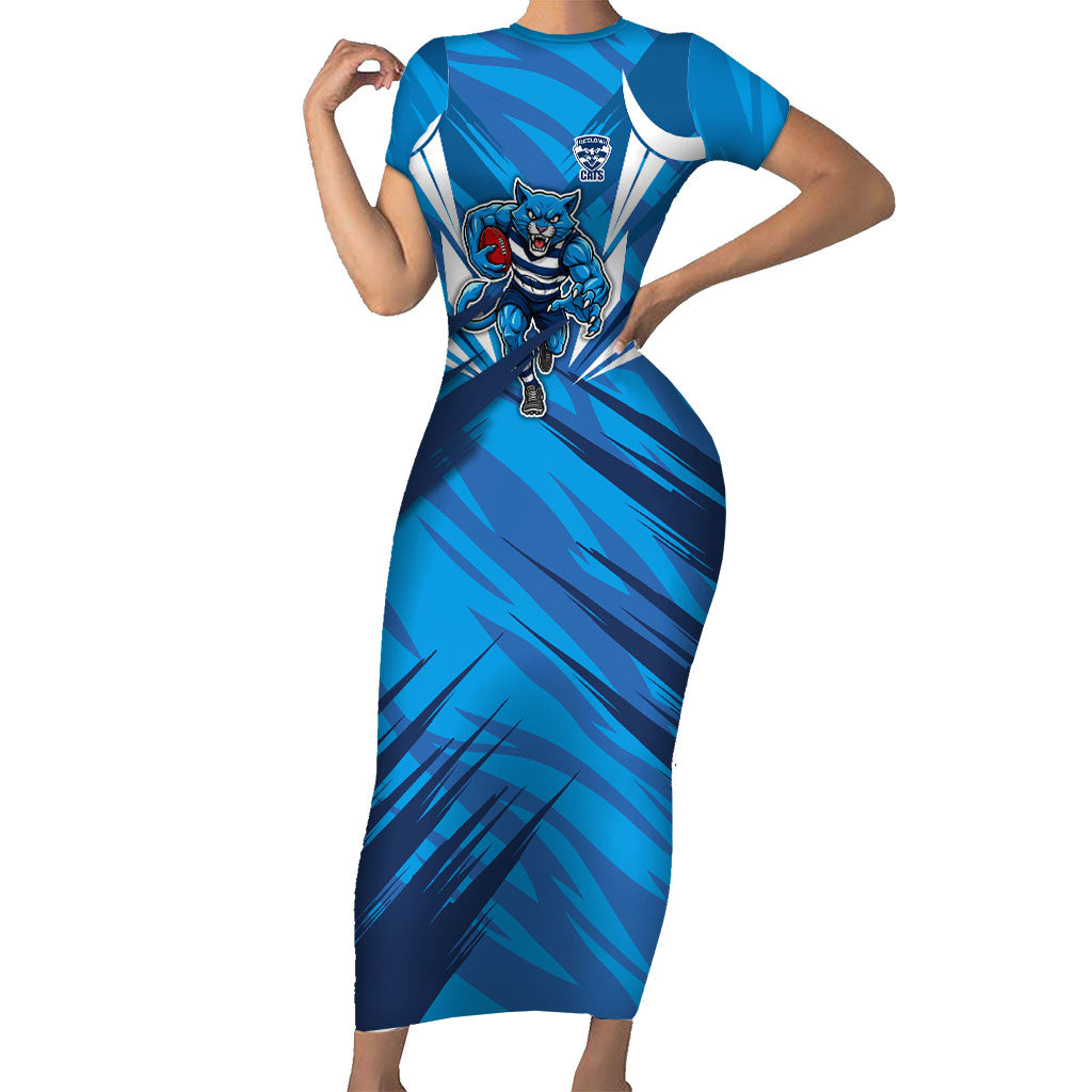 Geelong Cats Australian Football Short Sleeve Bodycon Dress Fierce Wildcat Mascot - Bold Team Colors