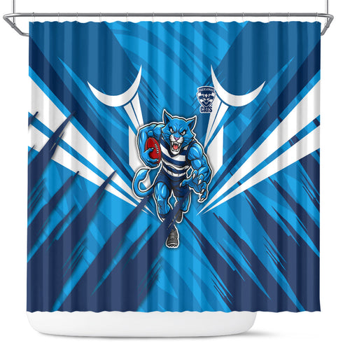 Geelong Cats Australian Football Shower Curtain Fierce Wildcat Mascot - Bold Team Colors