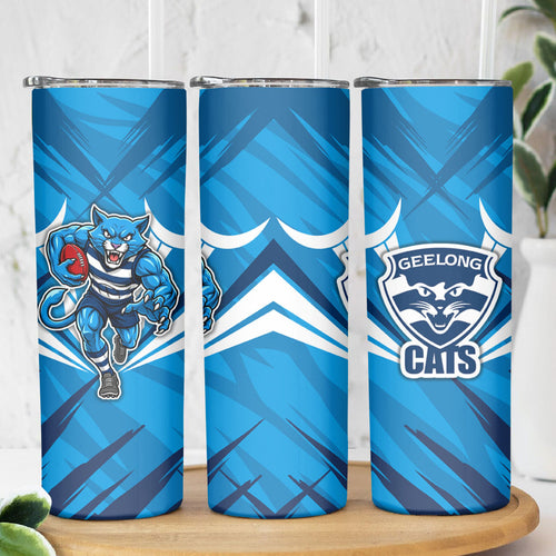 Geelong Cats Australian Football Skinny Tumbler Fierce Wildcat Mascot - Bold Team Colors