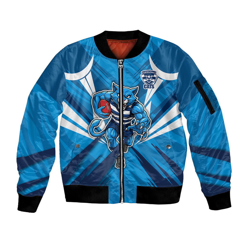 Geelong Cats Australian Football Sleeve Zip Bomber Jacket Fierce Wildcat Mascot - Bold Team Colors